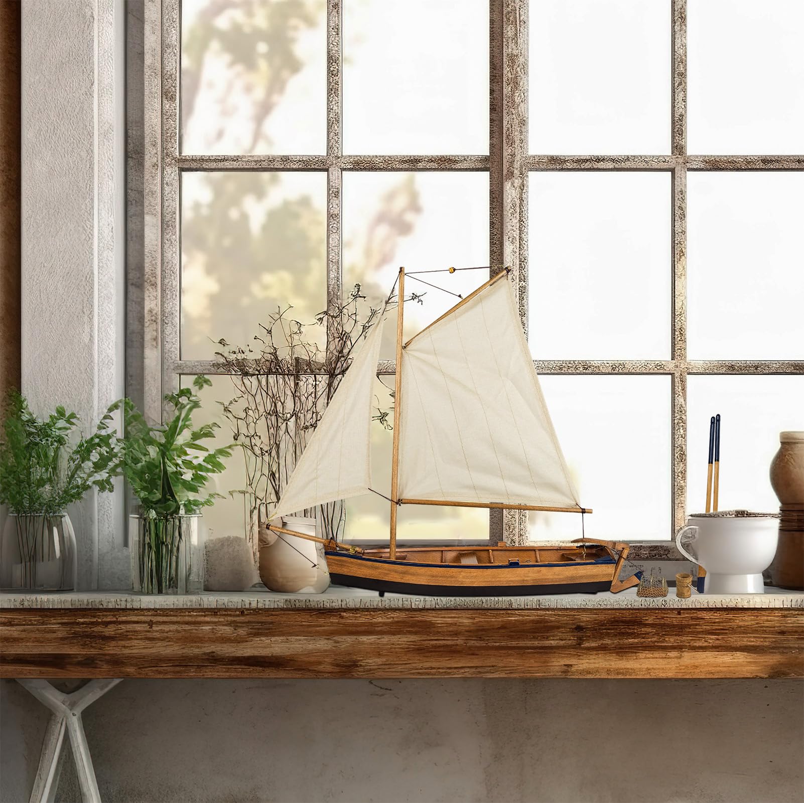 Sailingstory Fischerboot aus Holz, Ruderboot, Segelboot, Modell, nautische Stranddekoration, 45,7 cm