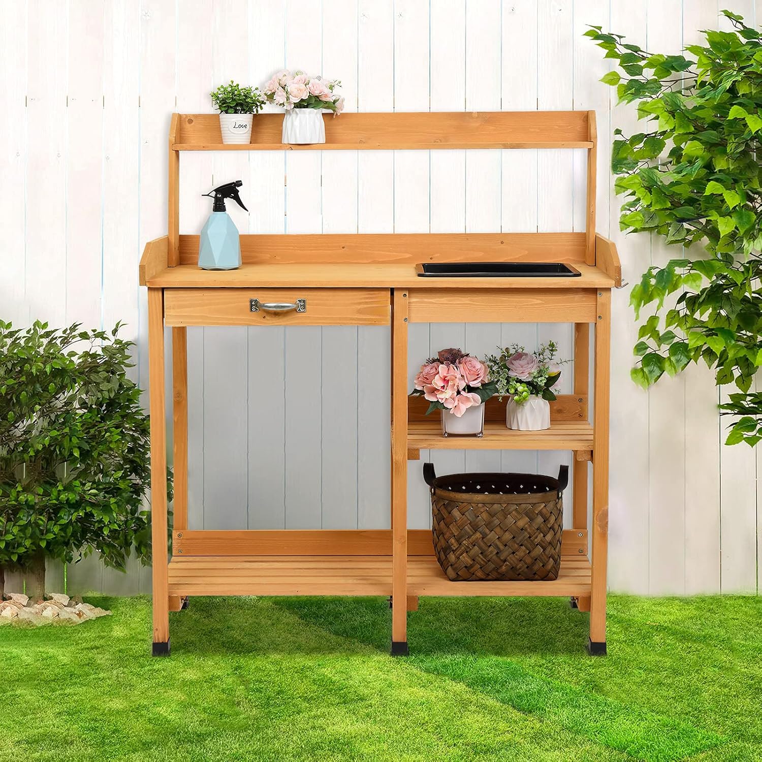 Outdoor Garden Potting Bench Table Wooden Work Station Natural Wood Workbench Backyard Workstation Patio Furniture Tabletop Removable Sink Drawer Rack Shelves with Open Storage Shelf and Hook