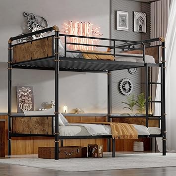 Twin XL Over Twin XL Bunk Bed, Industrial Detachable Bunked Frame with Soft Ladder Rung Cover and High Guardrails, Industrial Bunk Beds for Kids Boys Girls Teens, Black
