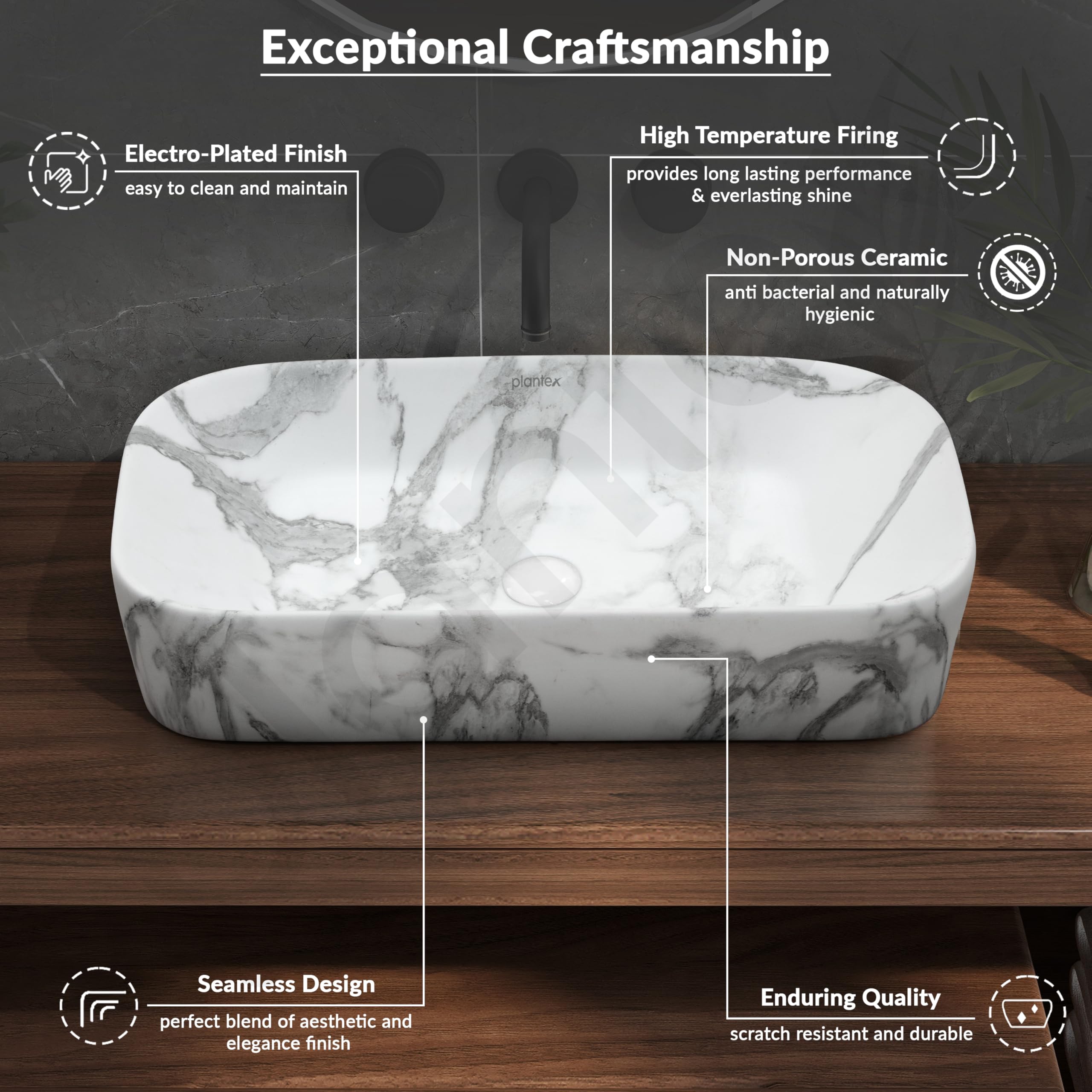 Plantex Ceramic Tabletop Washbasin for Bathroom/Designer Counter Top Hand Wash Basin/Rectangle Bathroom sink for Home/Office (21.5x14x5 Inch -Marble Finish) - Image 4 thumbnail