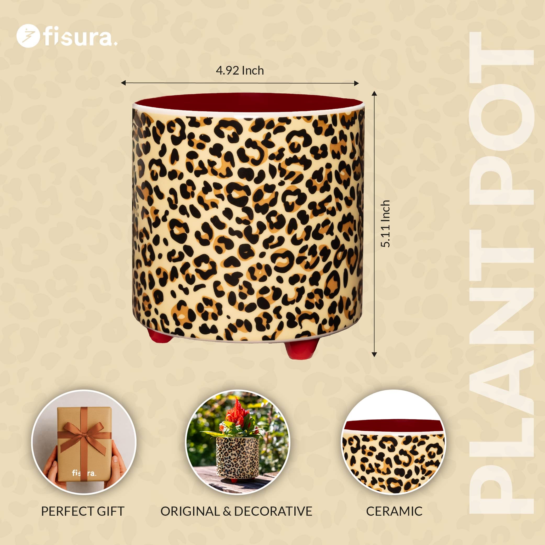 Fisura – Oryginalna doniczka z motywem lamparta. Dekoracyjna ceramika wnętrzowa z nóżkami, idealna na kaktusy, kwiaty i sukulenty. Wymiary 13 × 12,5 cm
