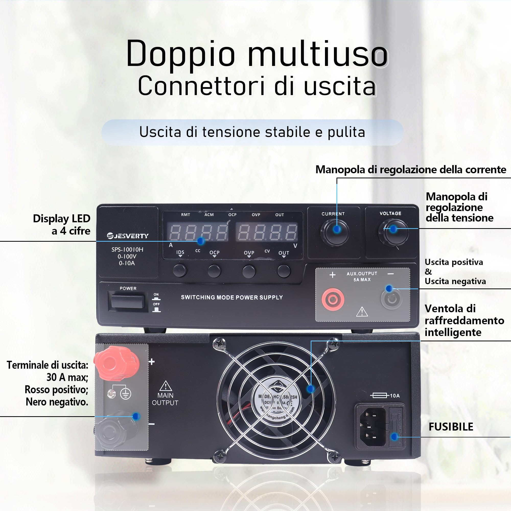 Alimentatore CC variabile, 0-100V 0-10A Alimentatore da banco CC regolato a commutazione con manopola encoder, interruttore di accensione/spegnimento dell'uscita, display a LED a 4 cifre, OVP e OCP