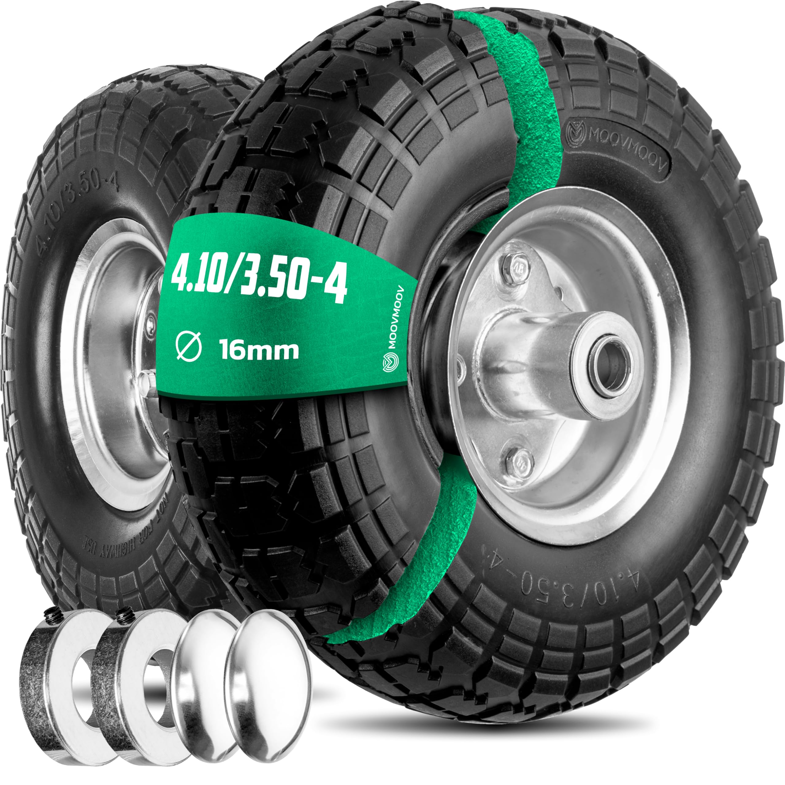 MOOVMOOV Roue Increvable 4.10/3.50-4 (x2) Alésage pour Axe 16mm - Moyeu Déporté 55mm - Pour Diables, Brouettes, Chariots, Etc. - Inclus Bague de Verrouillage + Calotte Autobloquante
