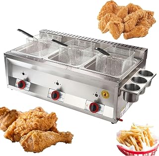 10L/20L/30L Commercial Gas Deep Fryer with Basket and Lid,Stainless Steel Countertop Deep Gas Fryer,for Home Kitchen(10l+10l+10l+3xfried Baskets)