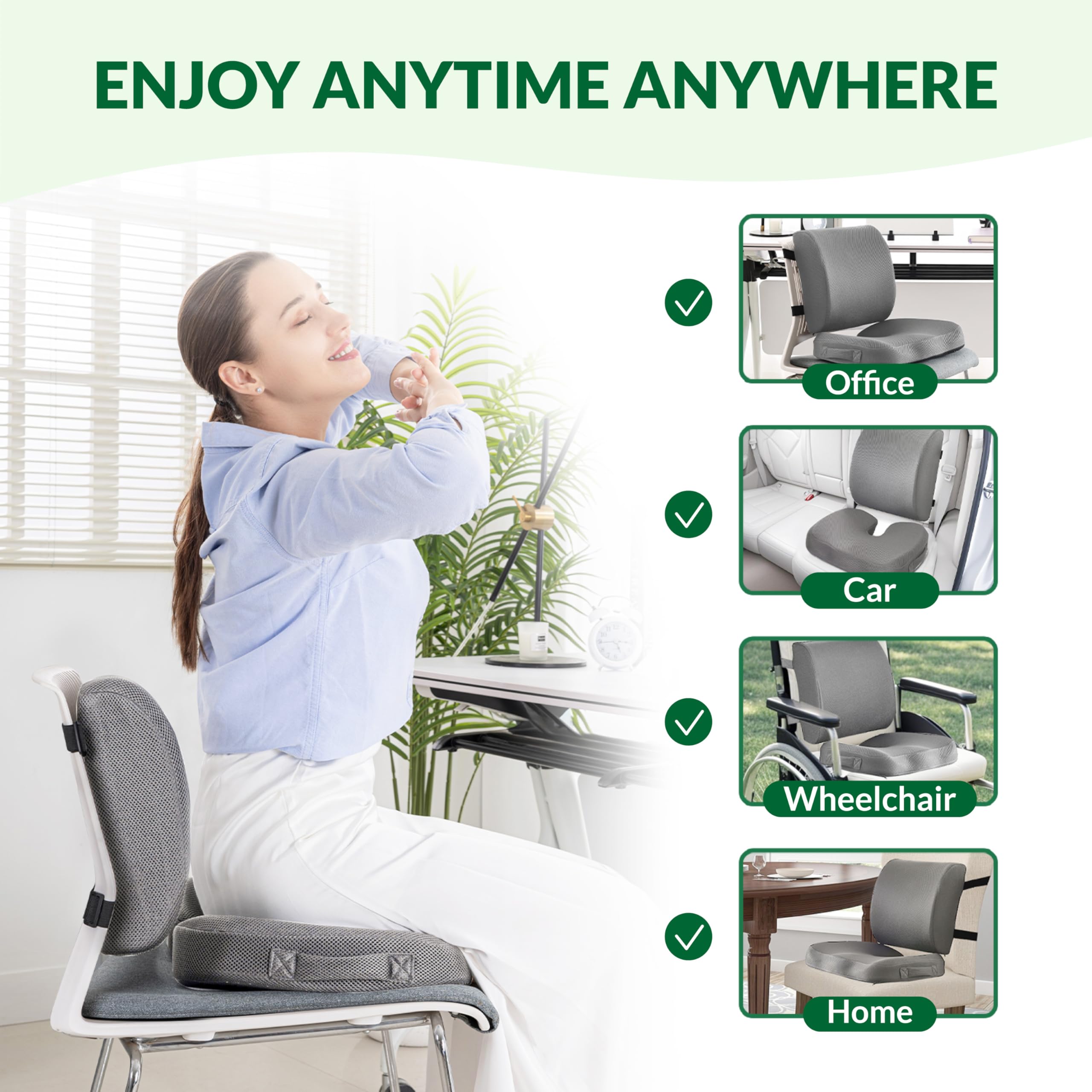 FuturaLoom Seat Cushion Adjustable Lumbar Support Pillow Set Charcoal Memory Foam Back Tailbone Pain Relief Non-Slip Washable Cover — view 8