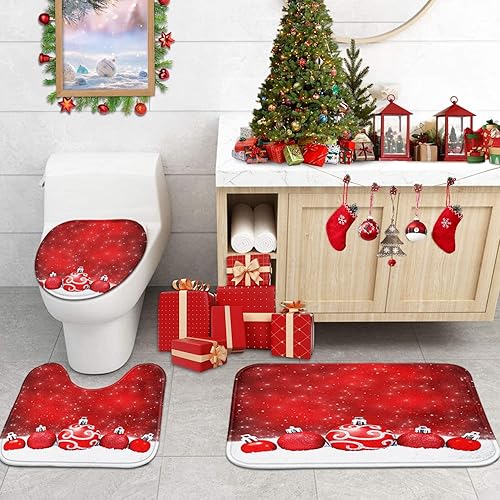 Miniatura 10 de ArtSocket Juego de 3 alfombras y tapetes de baño de Navidad, color rojo clásico, antideslizantes, absorbentes de copos de nieve, de espuma