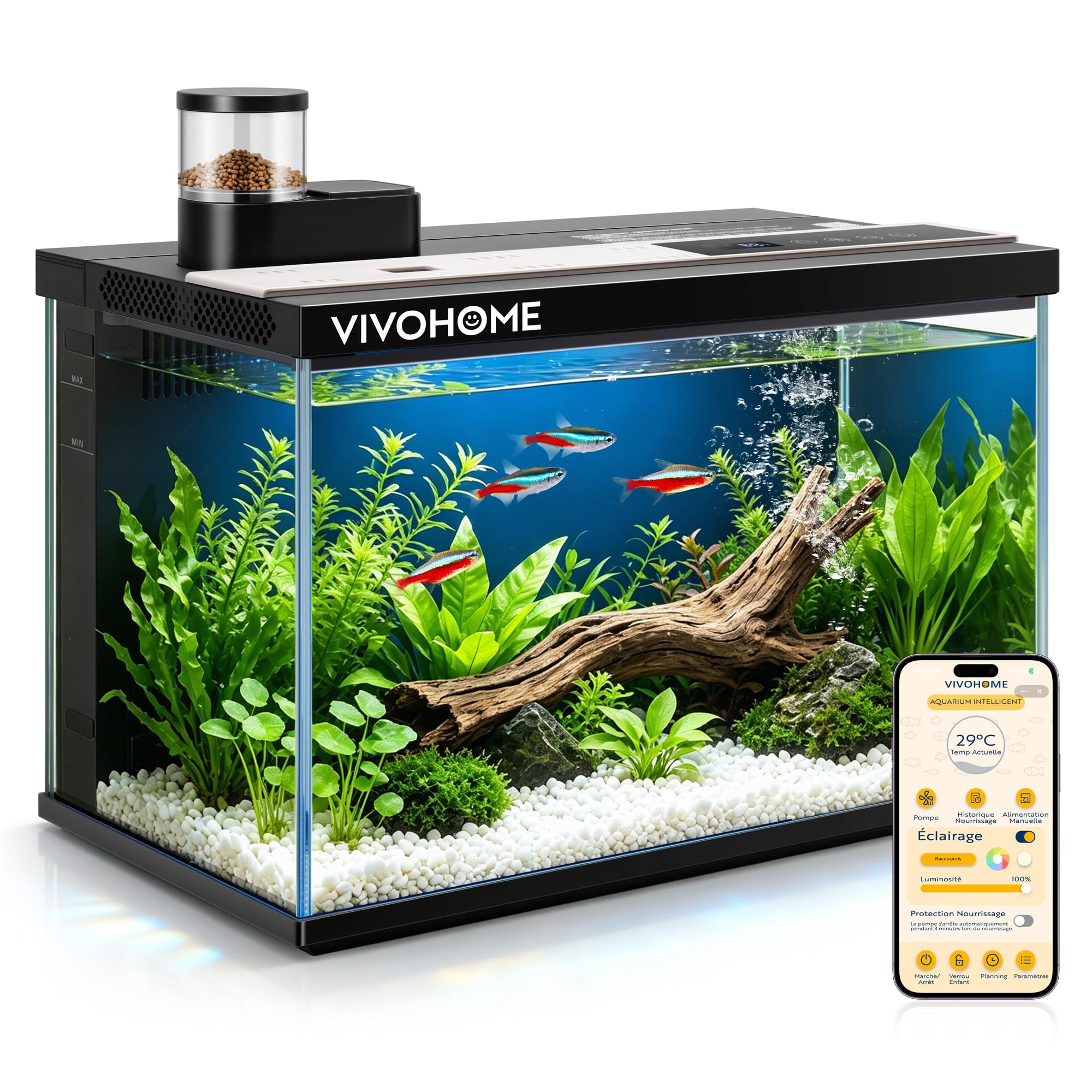 VIVOHOME 30L Aquarium Intelligent en Verre Contrôlé par App Kit Complet | Système de Filtration, Lumière LED, Pompe à Eau, Affichage Température, Auto-Nettoyant. Idéal pour Betta, Poisson, Crevettes