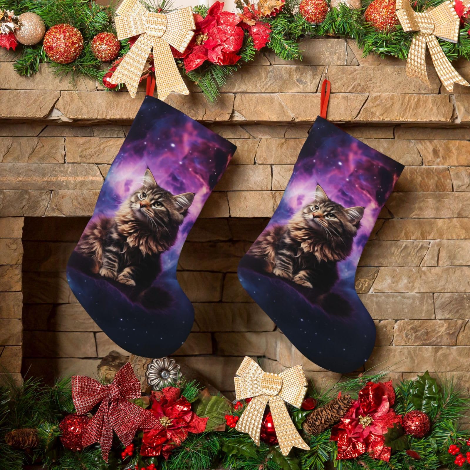KLOPH Christmas Stockings 18" Personalized Xmas Stocking Cat Sitting Inside Nebula Decoration Stockings Hanging Ornaments Fireplace Stocking for Holiday Xmas Tree Christmas Decor