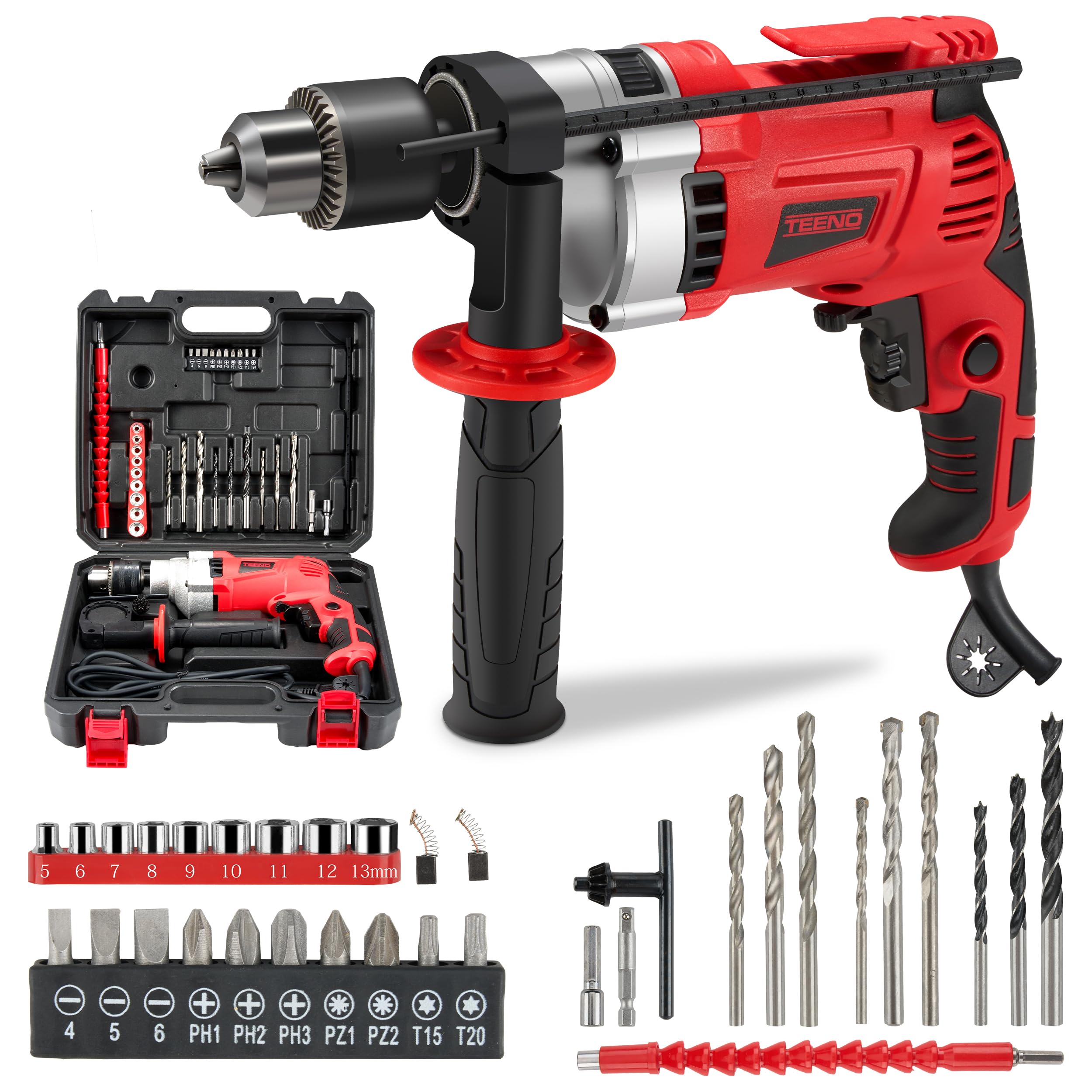 TEENO 910W Corded Hammer Drill, Electric Hammer Drill 0-3000 RPM with Variable Speed Button, 360° Swivel Handle, 38 Accessories, 13 mm Drill Chuck, Brick, Wood, Steel