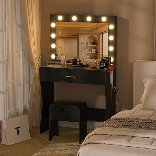 Miniatura 14 de Juego de mesa de tocador con espejo iluminado, tocador de maquillaje con estación de carga, cajón grande de madera resistente con luces, 3 modos de