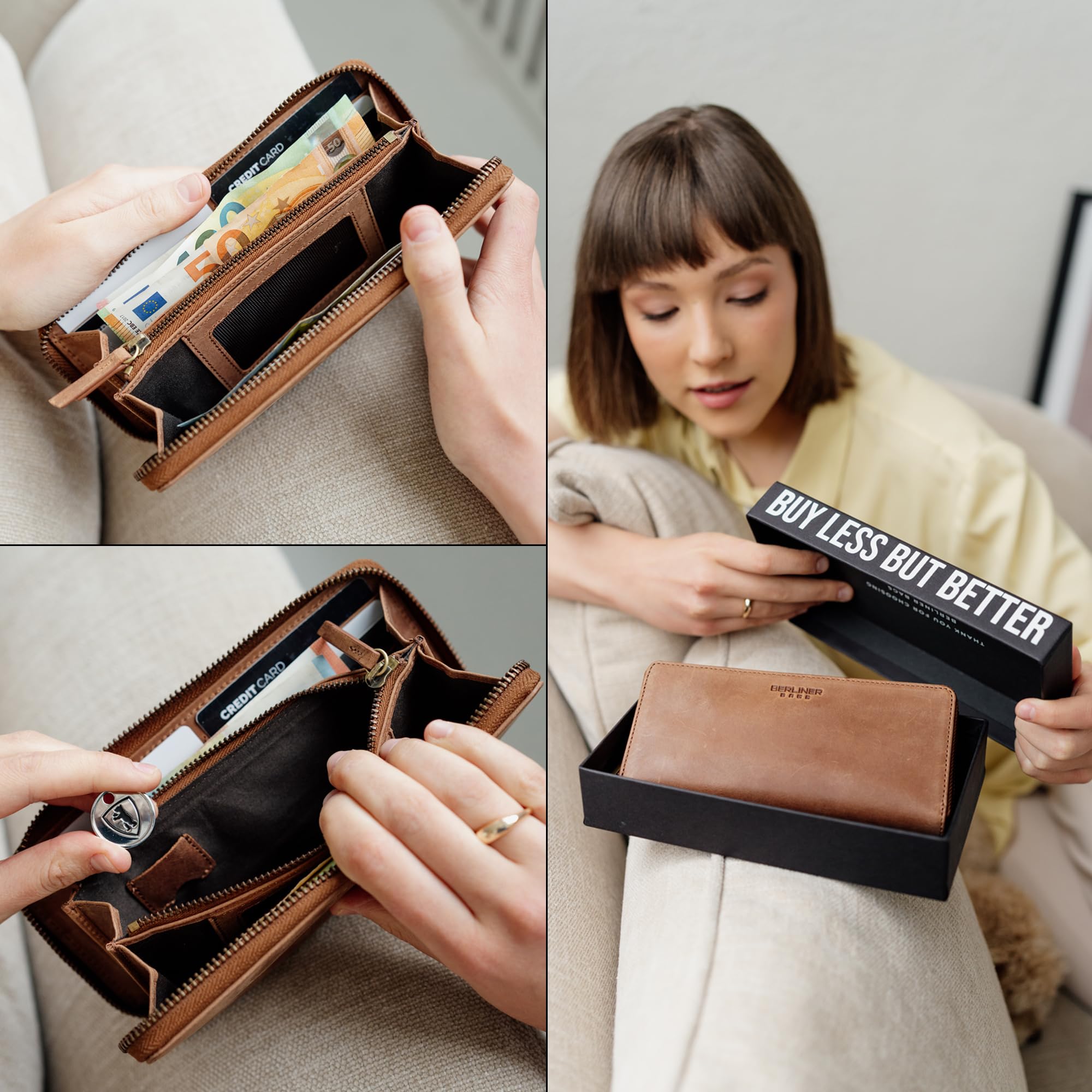 Berliner Bags Vintage Geldbörse Palma, Große Portemonnaie, Geldbeutel aus Leder, mit TÜV-geprüftem RFID-Schutz, inkl Geschenk-Box, für Damen - Braun
