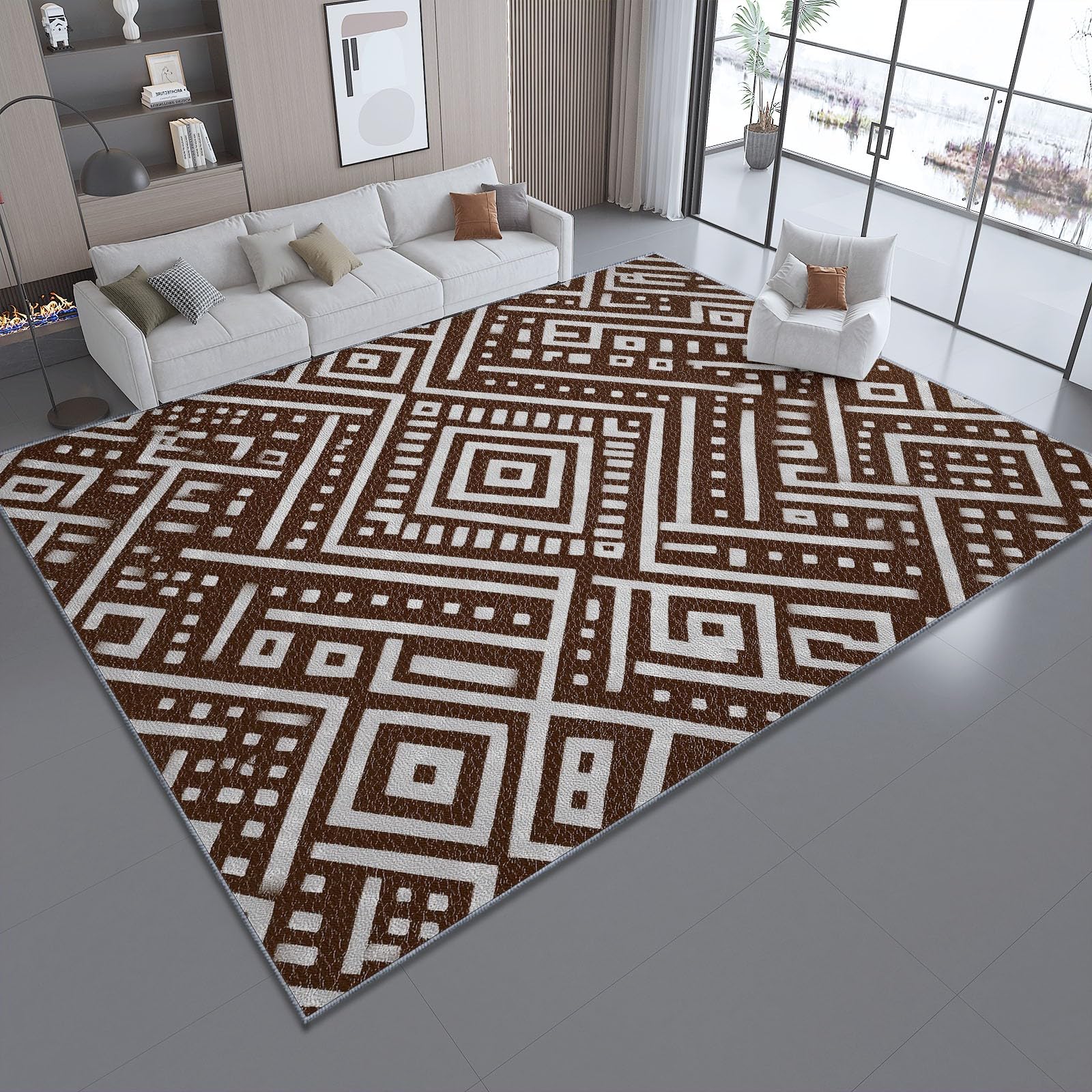 Tapis de Salon 80 x 150 cm – Antidérapant, Doux et Épais Lavable en Machine, Motif Motifs Aztèques – Tapis de Sol pour Chambre, Salle de Séjour, Brun