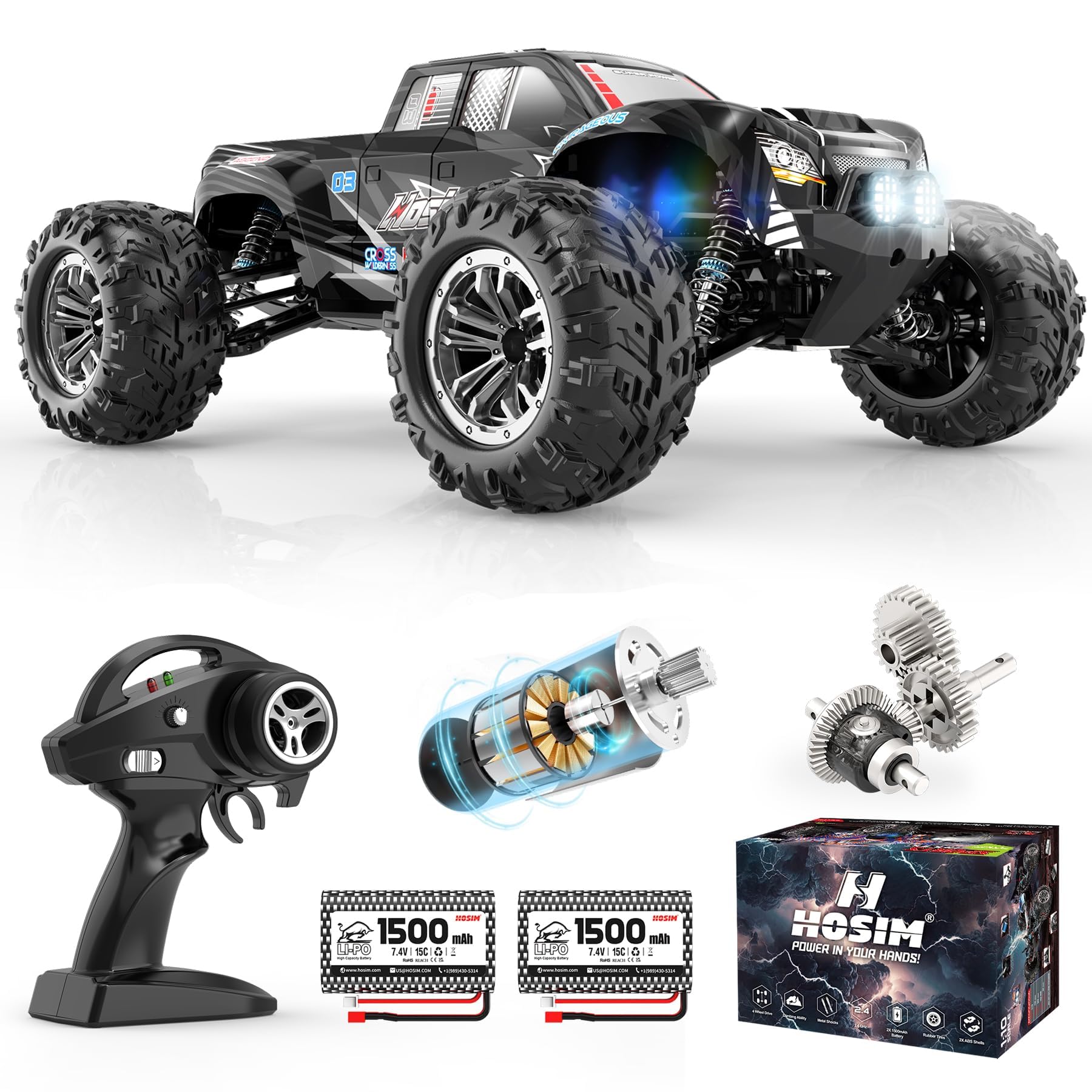 HosimRC Cars, 1:10 Scale 48+ KMH Remote Control Car for Adults Boys, 4X4 Off-Road RC Truck with Headlights, All Terrains Waterproof Hobby Grade Large Fast Racing Toy Gift Monster Trucks
