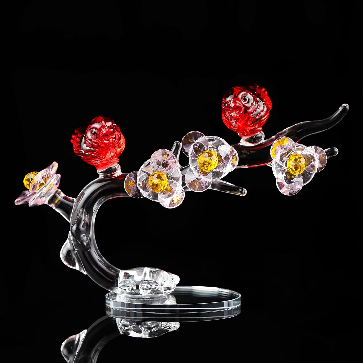 Qianwei Crystal Bird Figurine with Plum Blossom Collectible - Glass Animals Figurines Crystal Office Desk Table Home Decor Paperweight Handmade