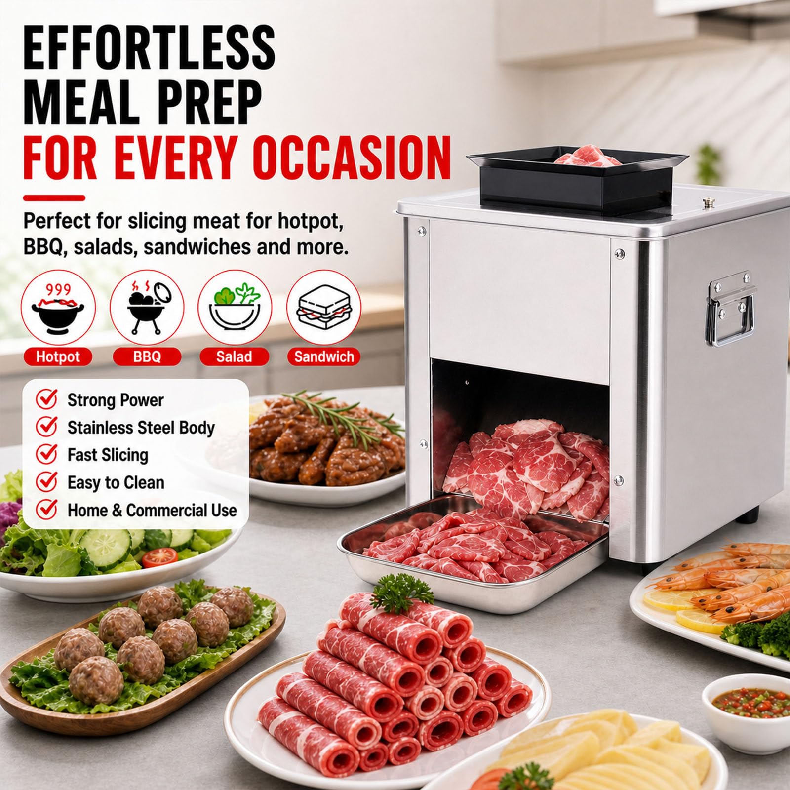 Coupe-Viande éLectrique en Acier Inoxydable De 150 Kg/H, Machine à DéCouper La Viande Commerciale, éPaisseur RéGlable, Fonctions De Tranchage, De RâPage Et De DéCoupe en DéS 3.5mm