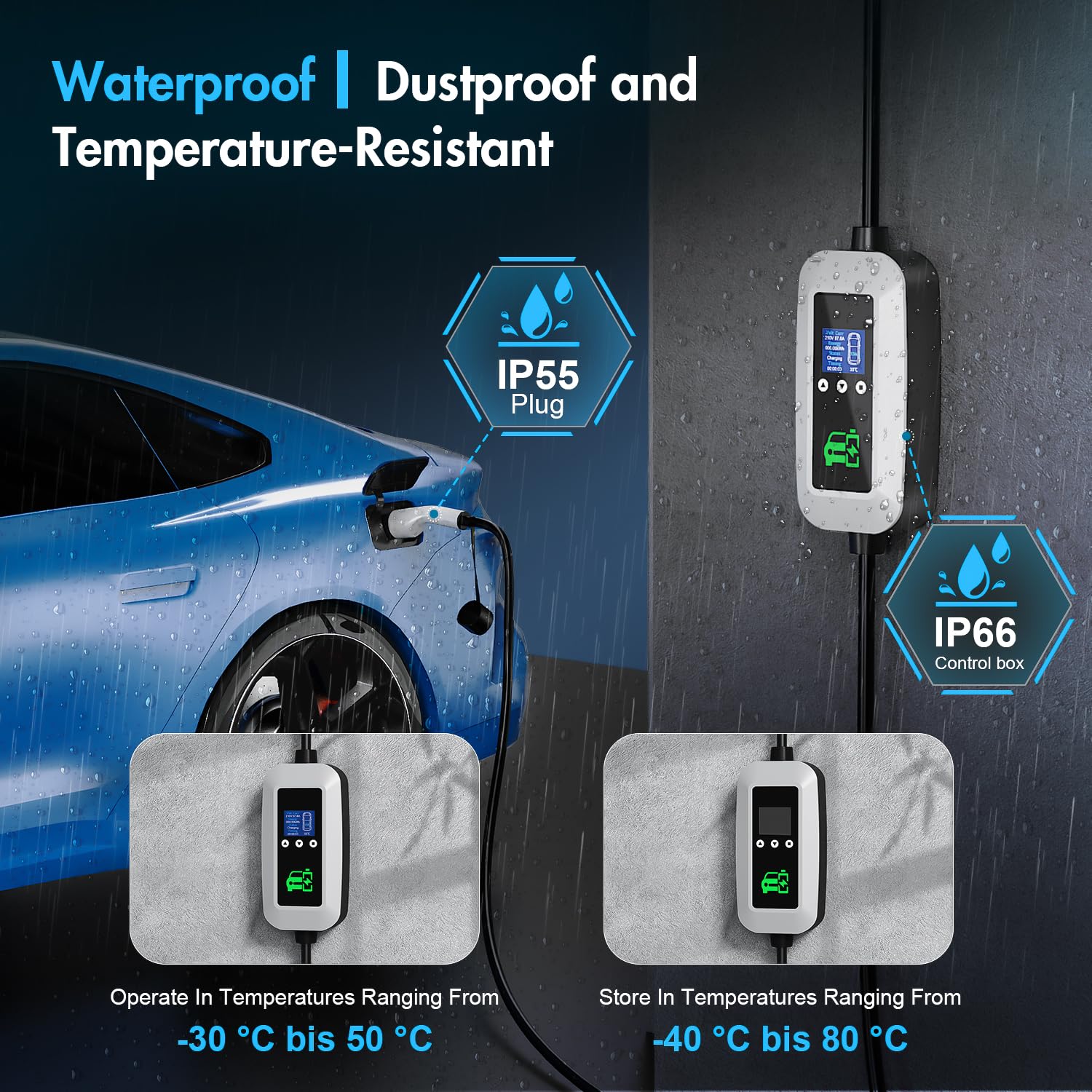 FNITAER EV Charger Cable Type 2 to 3 Pin Plug 2.99kw, 6M, 8/10/13A, Adjustable Current EV Charger,With LED Screen Timing Delay IP66/IP65, With Carry Bag and Type 2 EV Cable Holder for EVs and PHEVs — view 4