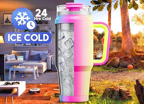 Miniatura 2 de Meoky Vaso de 32 Onzas con Asa, Vaso Aislado con Tapa y Popote, Taza de Viaje de Acero Inoxidable, Mantiene el Frío Durante 24 Horas, 100% a Prueba