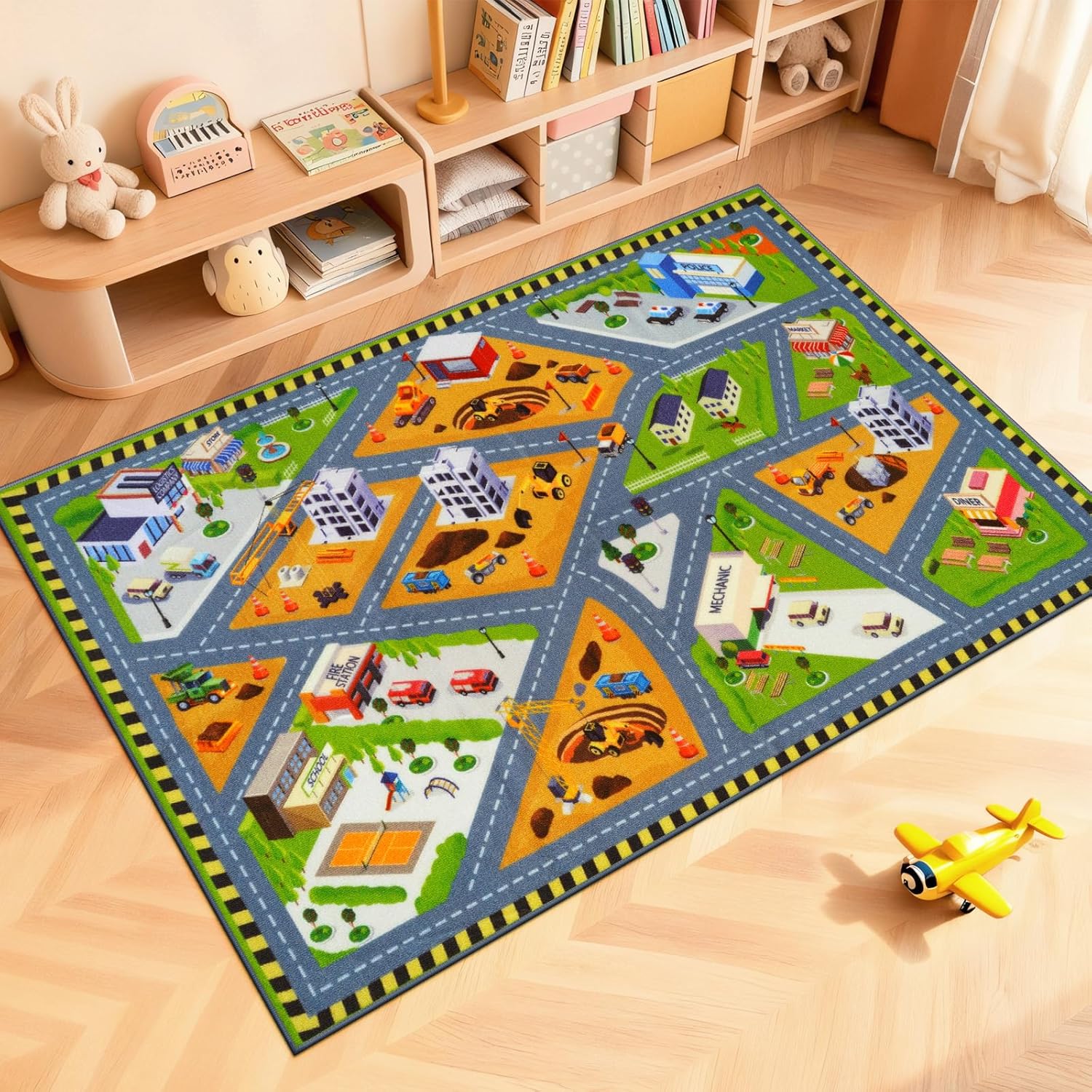 STARUIA Kids Construction Site Car Play Mat Rug,3x5 Ultra Non-Slip Car Rug City Road Rugs for Playroom Bedroom Girls Boys Car Mat for Kid Toy Cars, Kids Car Carpet for Learn and Have Fun