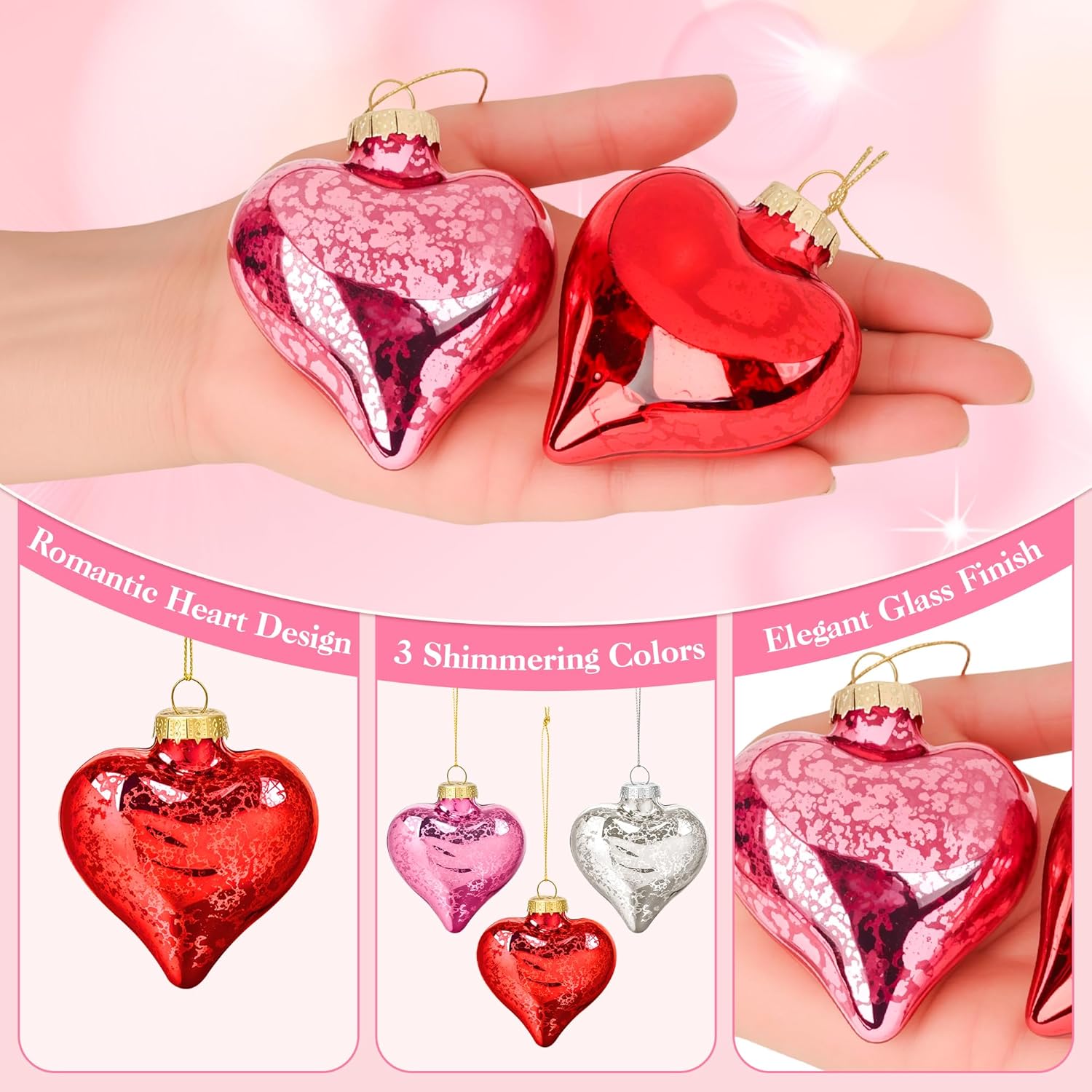 12Pcs Valentine’s Day Glass Heart Ornaments, Pink Red Silver Hanging Hearts for Tree, Glass Heart Decorations for Valentines Tree Decor, Romantic Home Decor and Holiday Party Ornaments - Image 5
