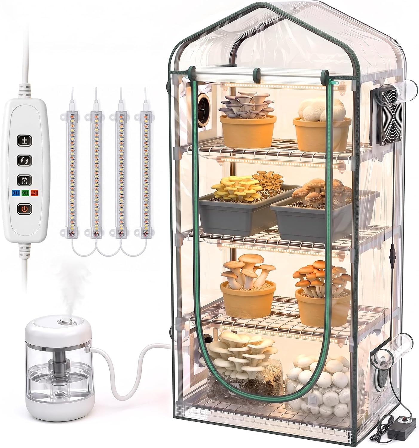 XHIKOWAT 4-Tier Mushroom Grow Tent 27x19x64 with 4 LED Lights, Timer, Fan and FAE Ports for 8 Monotubs