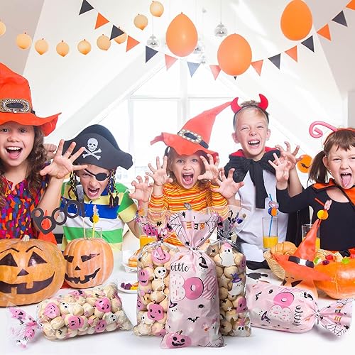 Miniatura 5 de Yeaqee 100 bolsas de regalo de Halloween Little Boo Baby Shower color rosa, bolsas de dulces de Halloween a granel, bolsas de regalo para temática