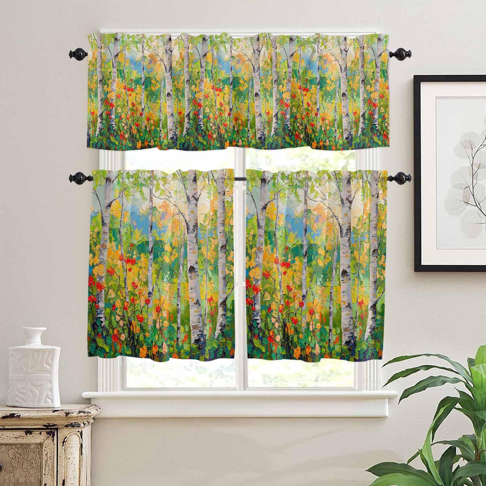 Green Oil Painting Kitchen Curtains 36 Inch Length,3 Piece Rod Pocket Small Half Tiers and Valance Set,Modern Abstract Art Summer Botanical Small Large Window Treatment Decor for Bedroom/Bathroom
