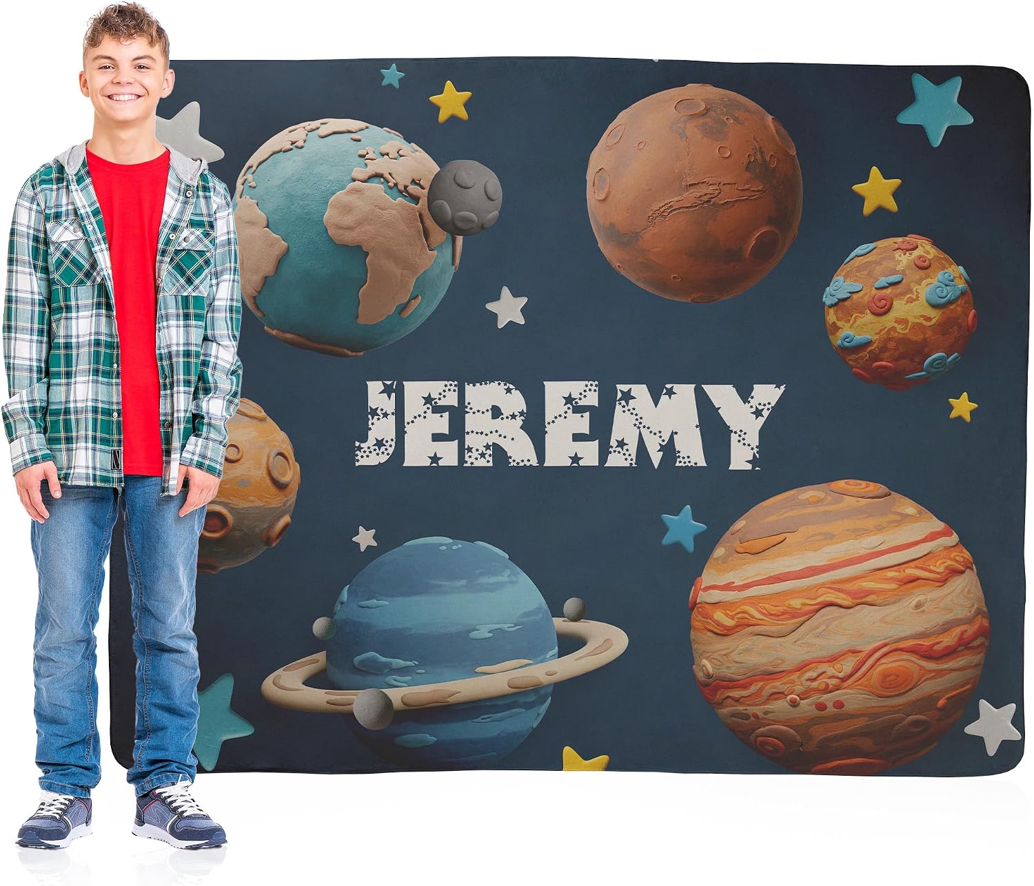 Personalized Space Blanket for Kids – Add Your Name or Custom Text, Outer Space Galaxy Planets Blanket for Boys, Birthday Gift for Kids; 50"x60" Sherpa Fleece, 1-Sided Printing, Printed in The USA