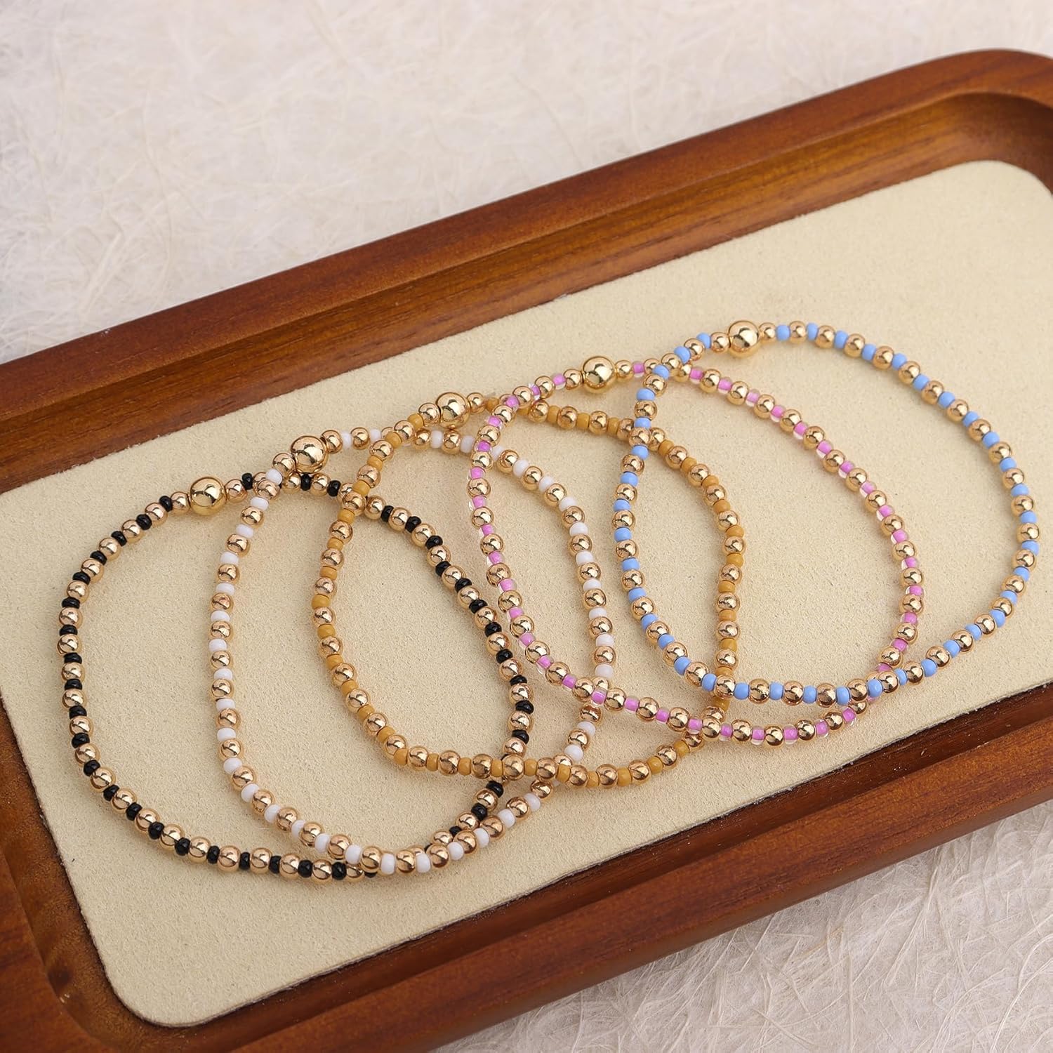 Gold Beaded Stackable Friendship Bracelets Set for Women, Handmade Boho Stretch Summer Jewelry Gift. - Image 6