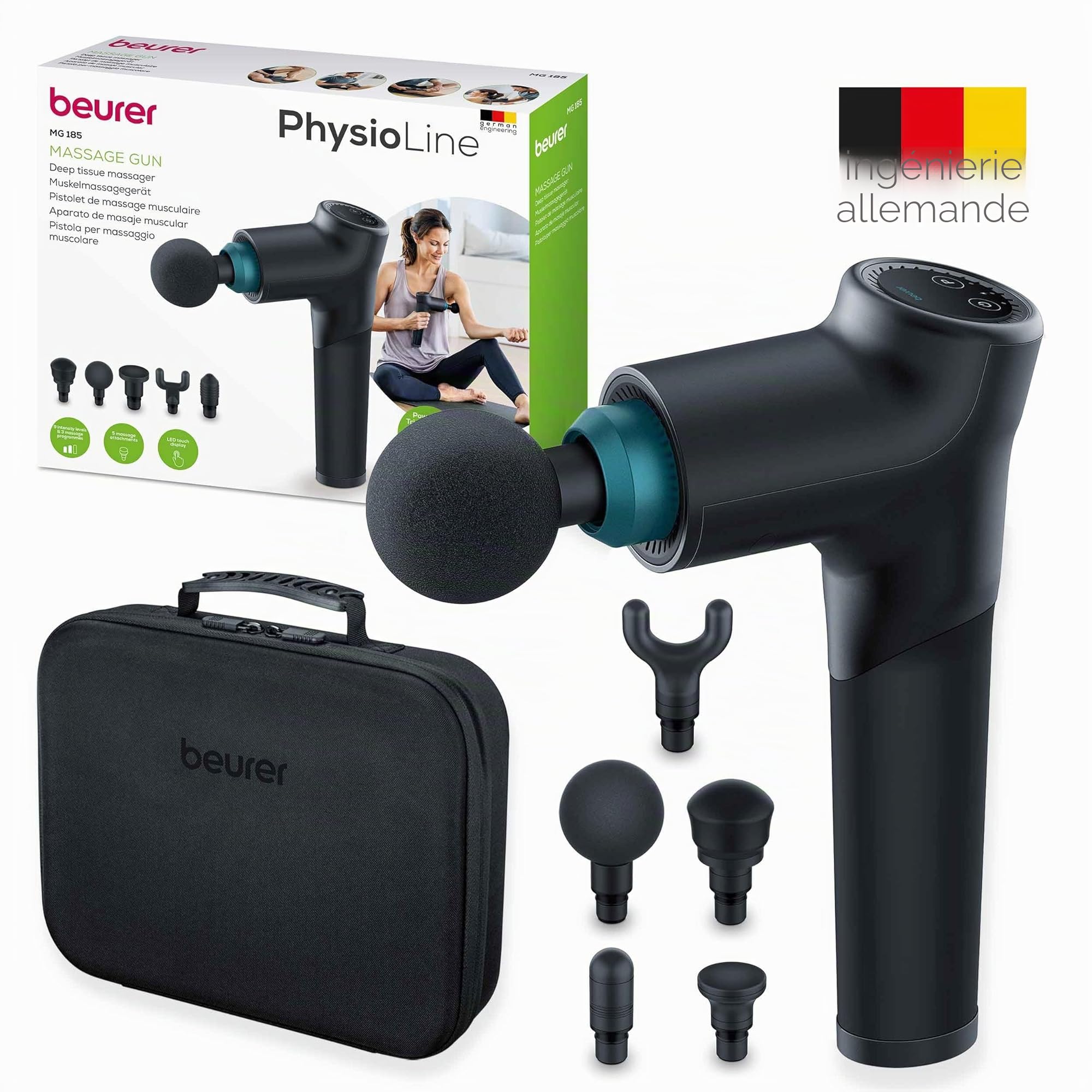 Beurer MG 185 Pistolet de massage avec 5 têtes de massages, massage des points gâchettes, relâchement des tensions, appareil de massage musculaire avec 9 niveaux d'intensité, avec accu