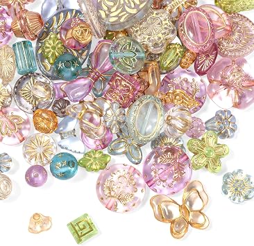 50-70 Pcs Cute Assorted Kawaii Aesthetic Beads Assorted Bohemia Acrylic Beads Heart Butterfly Flower Round Oval Czech Bead Bulk Metal Enlaced Transparent Aesthetic Bead for Jewelry Making DIY Craft