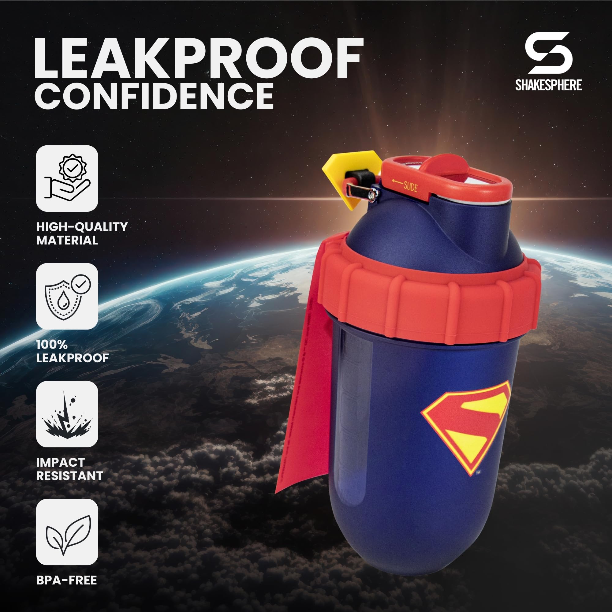 SHAKESPHERE Superman Tritan-Shaker, limitierte Auflage, 700 ml, Stahlschiebekappe | BPA-frei, auslaufsicher, Kapsel-Design, kein Mixball, Superman-Sammelbox, Fan Geschenkidee, Protein-Shakes & Pre-Workout