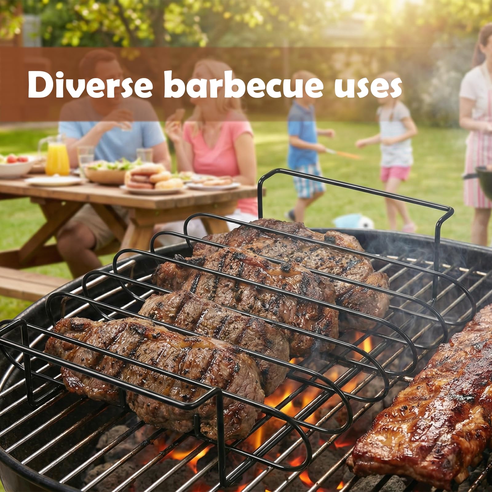 Supporto Bistecche e Costine,Cestello per BBQ Rib Rack con 2 Pennelli,Supporto per Arrosto Bistecca,Telaio Griglia Barbecue Spareribs Halter Grill,Nero