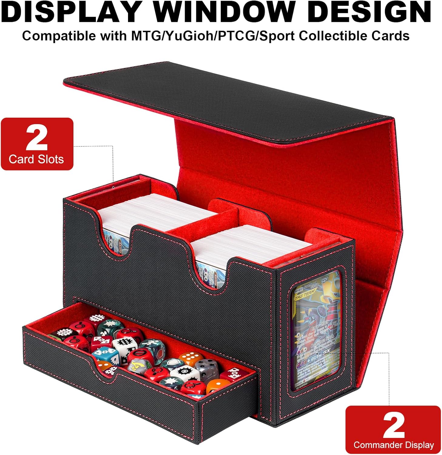 Card Deck Box for MTG Commander, Deck Display Case Holds 200+ Double-Sleeved Cards, 35pt Card Brick & Dice Tray, Storage Box For TCG CCG Sports, Black&Red