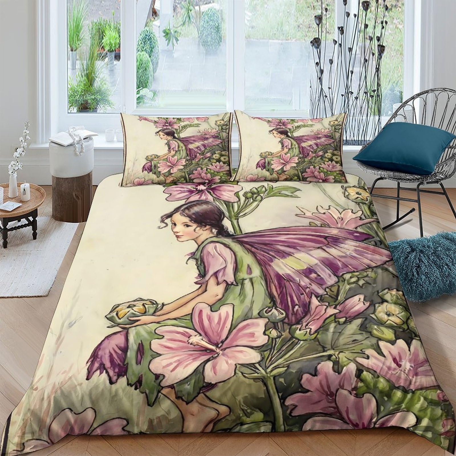 Ctjqhvkz Style-7 3D Printed Fairy Flower Fitted Sheet Microfiber Soft Pink Purple Fantasy Mattress Cover Bedroom Dorm Decor Single（135X200cm）