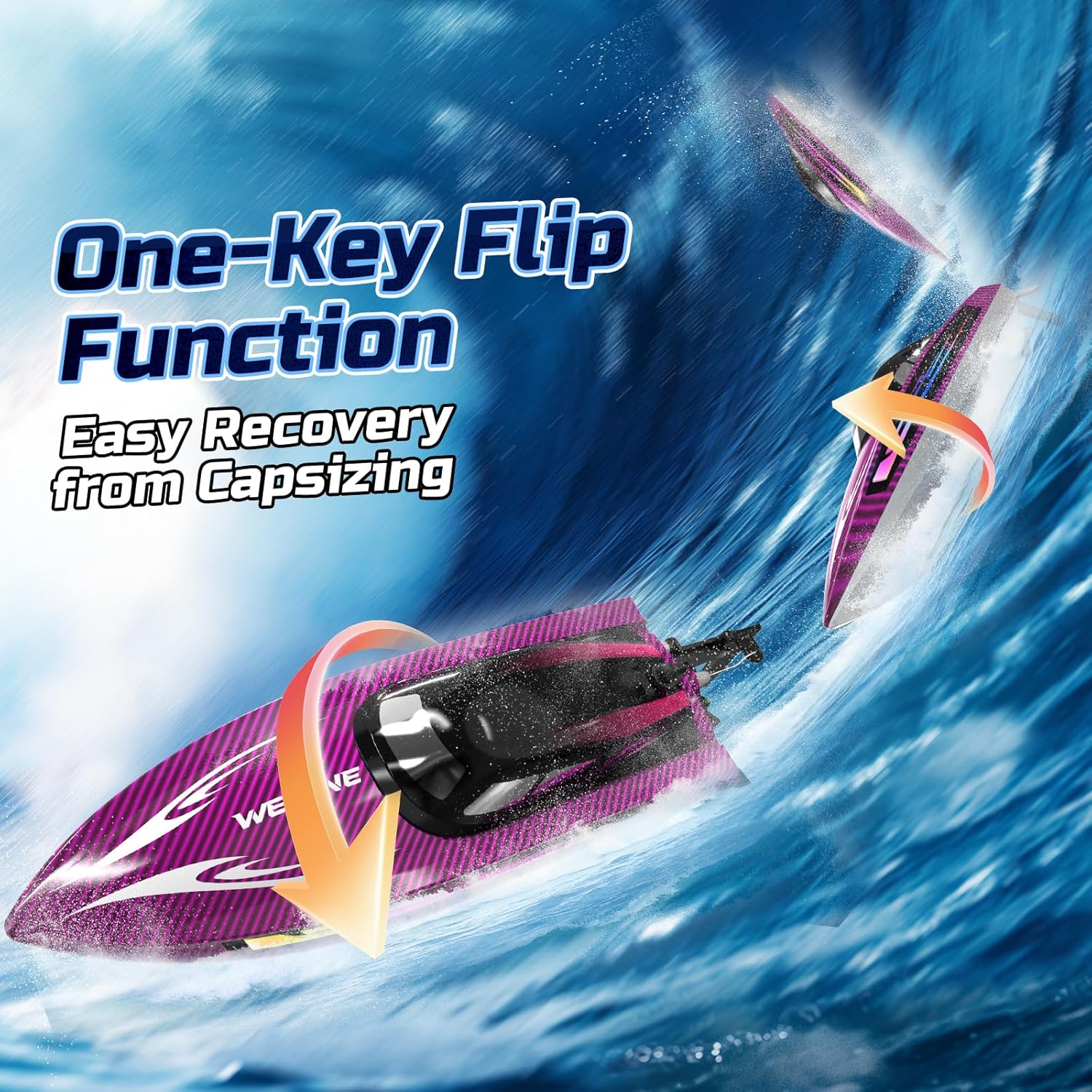 WeFone Remote Control Boat for Adults, 25+ KMH Fast RC Speed Boat with LED Light for Kids, Self-righting, Demo, WF17 Ideal Pools and Lakes Toys, 2 Rechargeable Batteries for 30-40 Mins, Purple