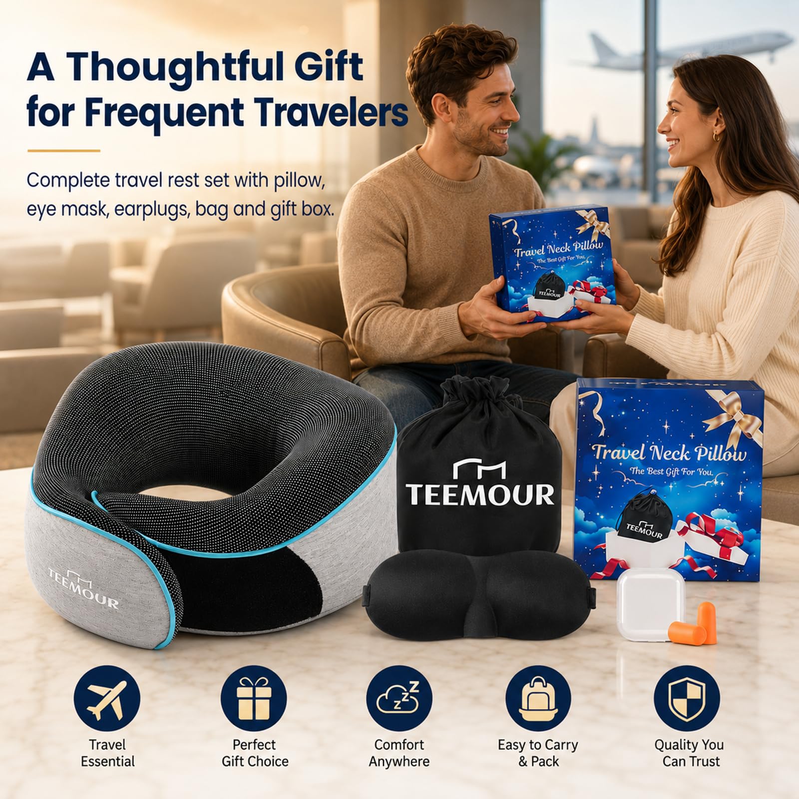 Teemour Nackenkissen für Flugreisen – 360°-Stütze, Reisekissen aus Memory-Schaum mit Augenmaske und Ohrstöpseln, tragbare Tragetasche für Lange Flüge | Bestes Zubehör für Flugreisen