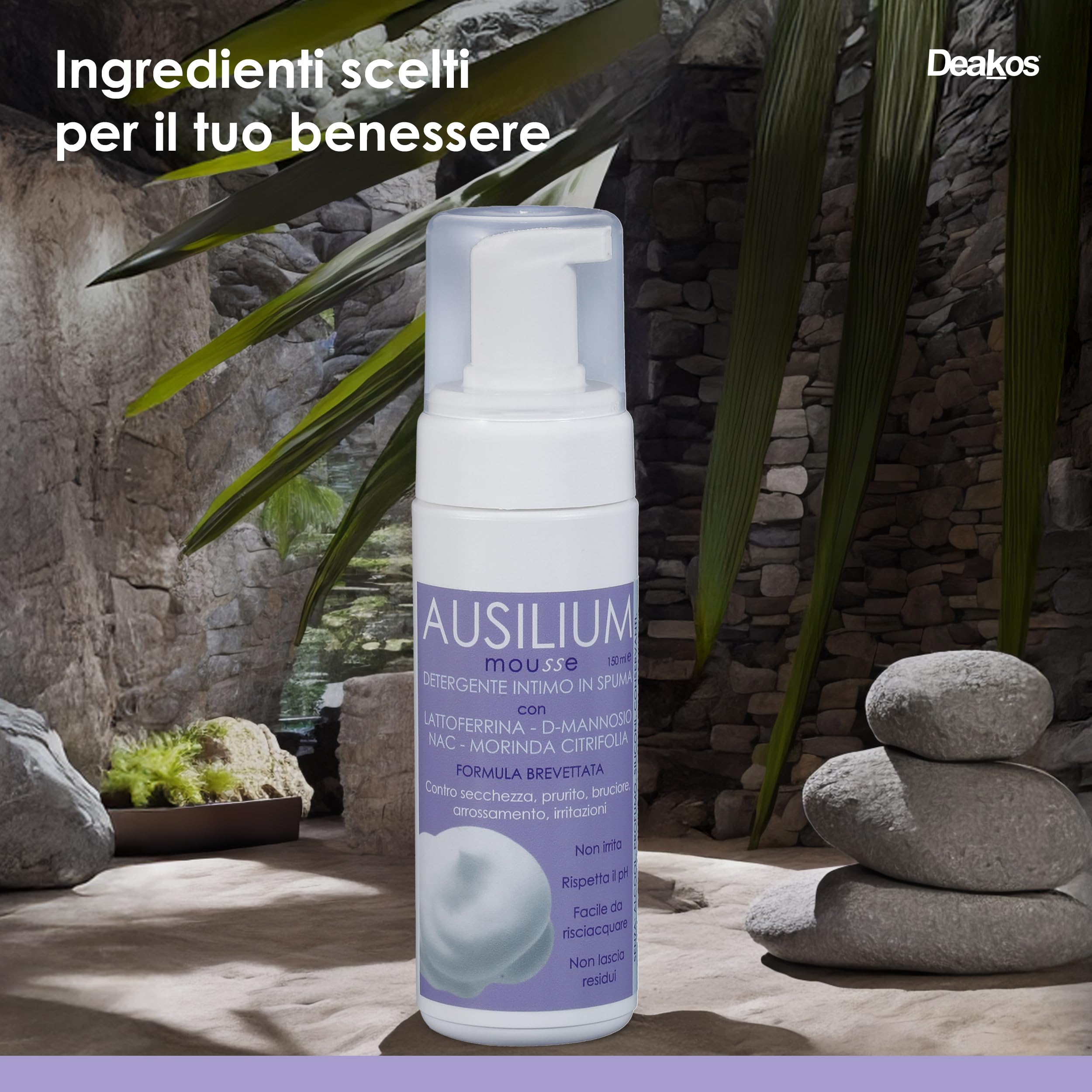 Deakos Ausilium Mousse - Detergente Intimo Donna Antibatterico e Lenitivo - Sapone Intimo Donna, Uomo e Bambino con Lattoferrina, D Mannosio, NAC e Morinda - Antiodore, Senza Parabeni e Siliconi