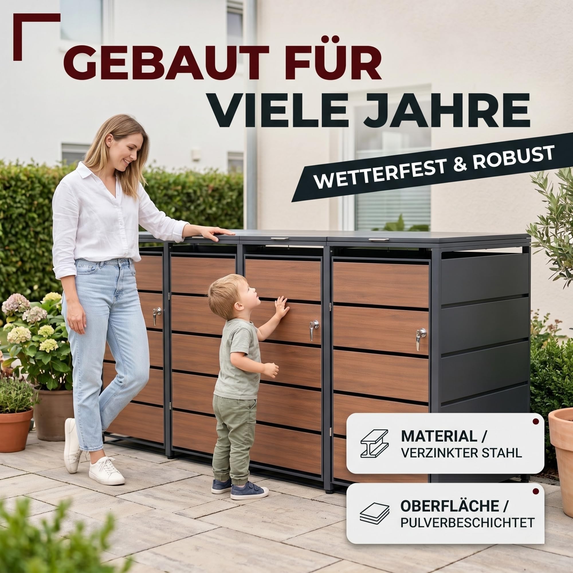ALBATROS Mülltonnenbox 4er Holzdekor, 120L bis 240L, für Vier Tonnen, Mülltonnenverkleidung aus verzinktem Metall mit Holzoptik, abschließbar, wetterfest, geprüft nach ISO9227, mit Aufkleber Set