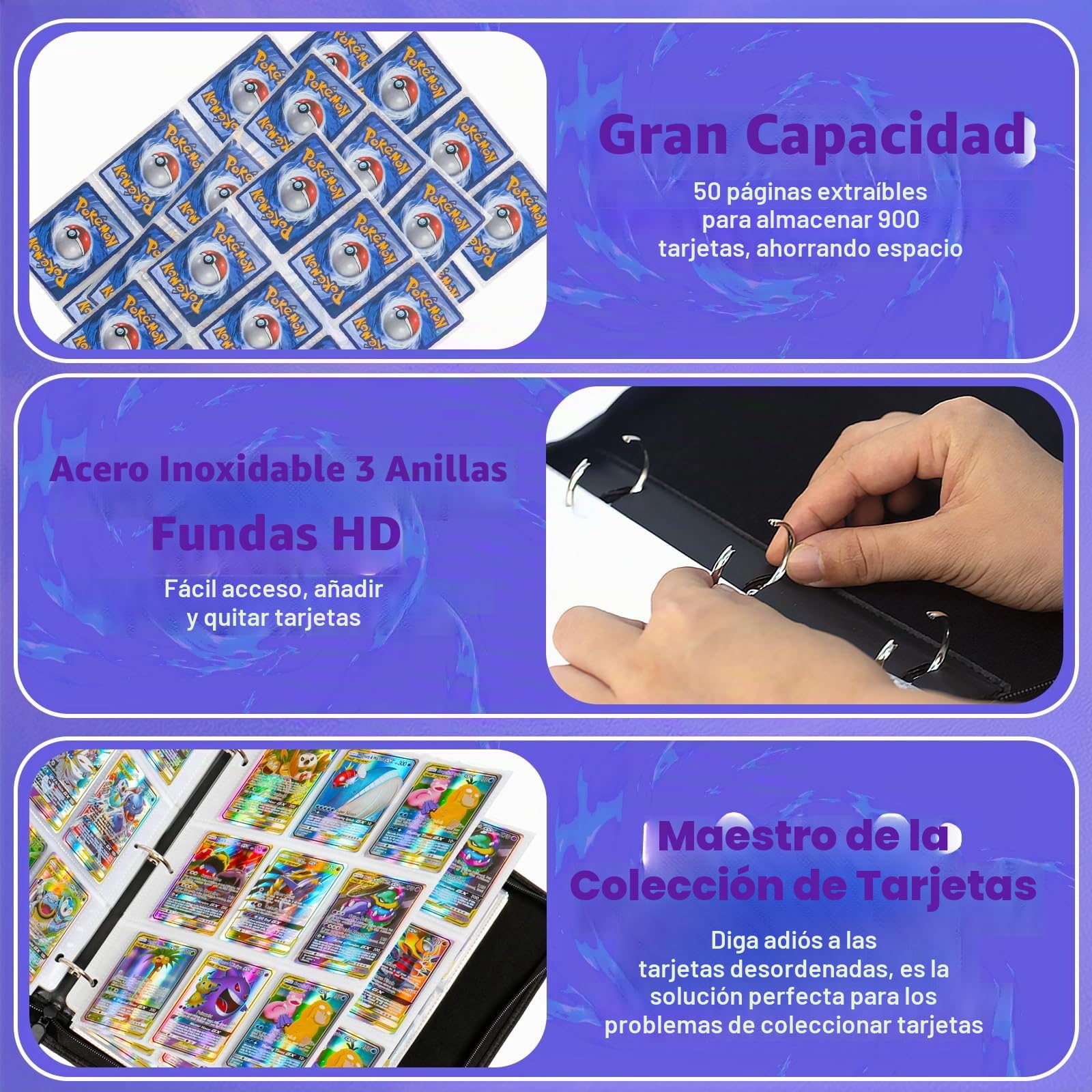 LYAILOOGXL Álbum de colección para Pokémon 900 cartas: 50 fundas doble cara (9 compartimentos/lado) - Libre de PVC y compatible con Escarlata & Violeta, Espada & Escudo - Para coleccionistas y niños a