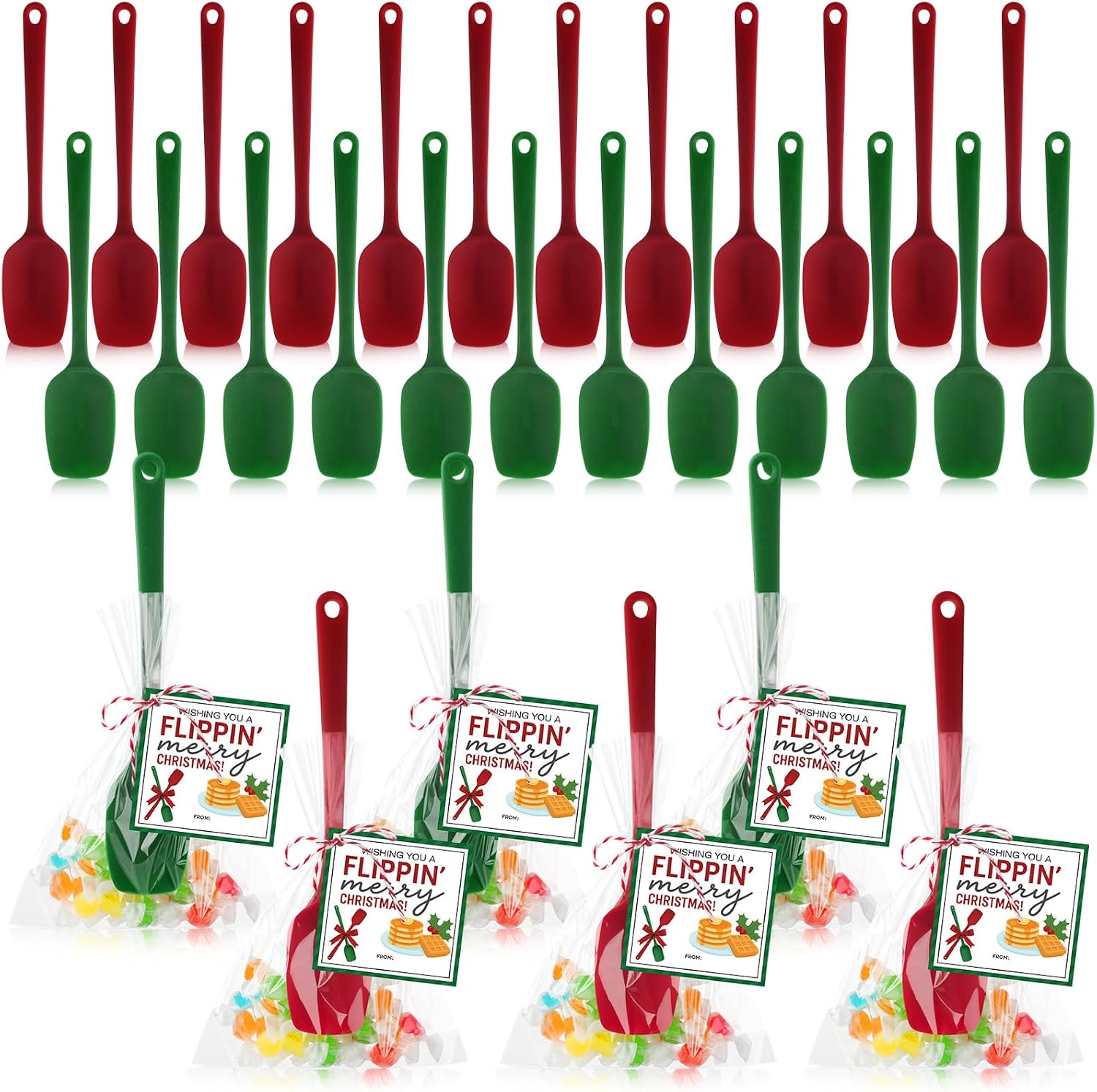 Set of 24 Christmas Silicone Spatulas with Merry Christmas Greeting Cards Red Green Dinner Party Decoration for Baking Gifts Cooking Kitchen Tools Utensils Supplies(Spoon)