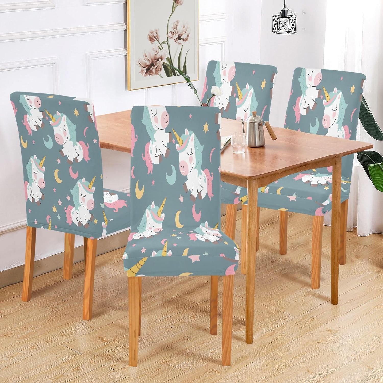 ALAZA Chair Covers for Dining Room, Unicorn Star Moon Pattern Stretch Chair Cover Sets Chair Protector Removable Washable for Ktichen Restaurant Hotel
