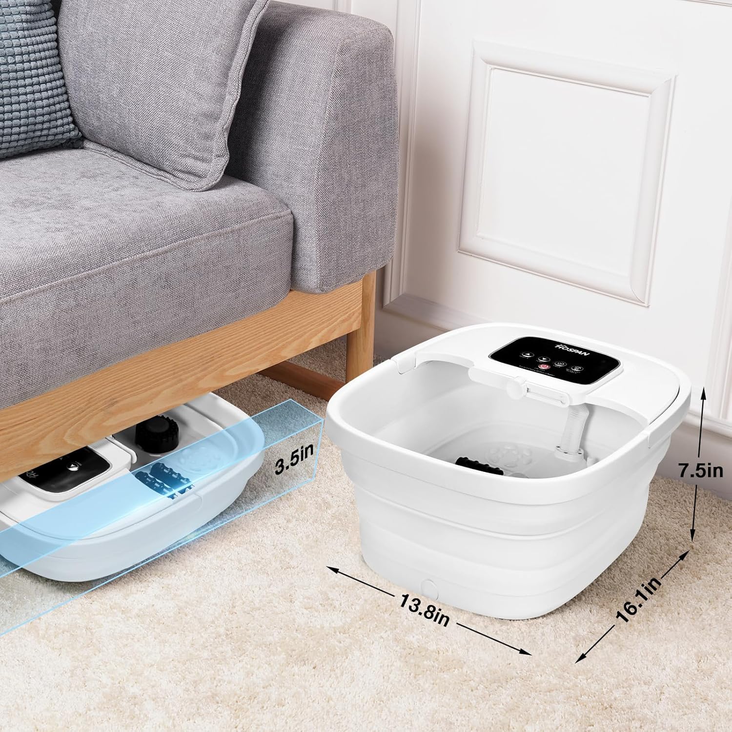 HOSPAN Collapsible Foot Spa showing dimensions when collapsed and expanded