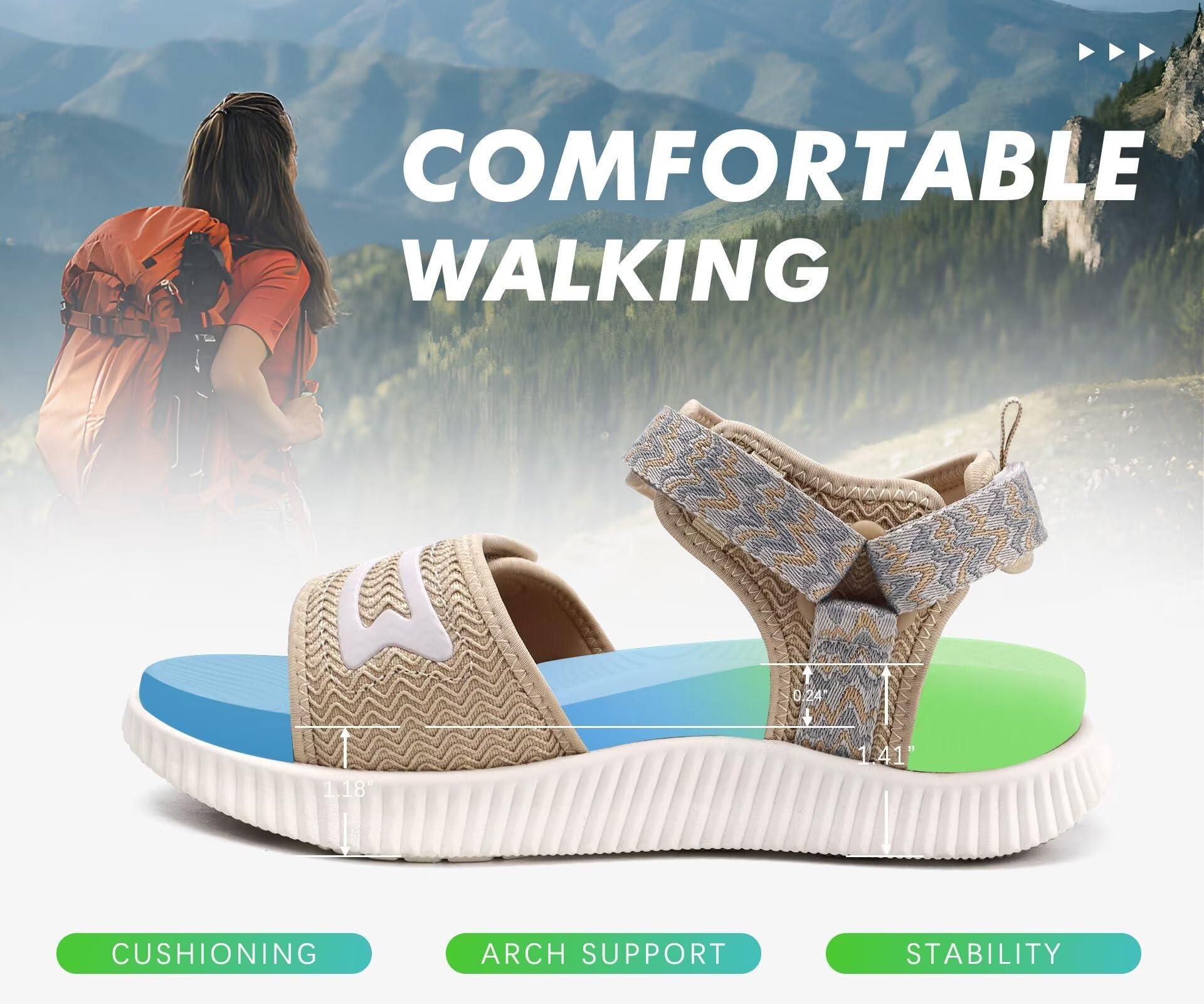 KuaiLu Sandali Trekking Donna Comode Camminata Ortopediche Fascite Plantare Arch Support Sportivi Sandalo Estive Leggero Regolabile