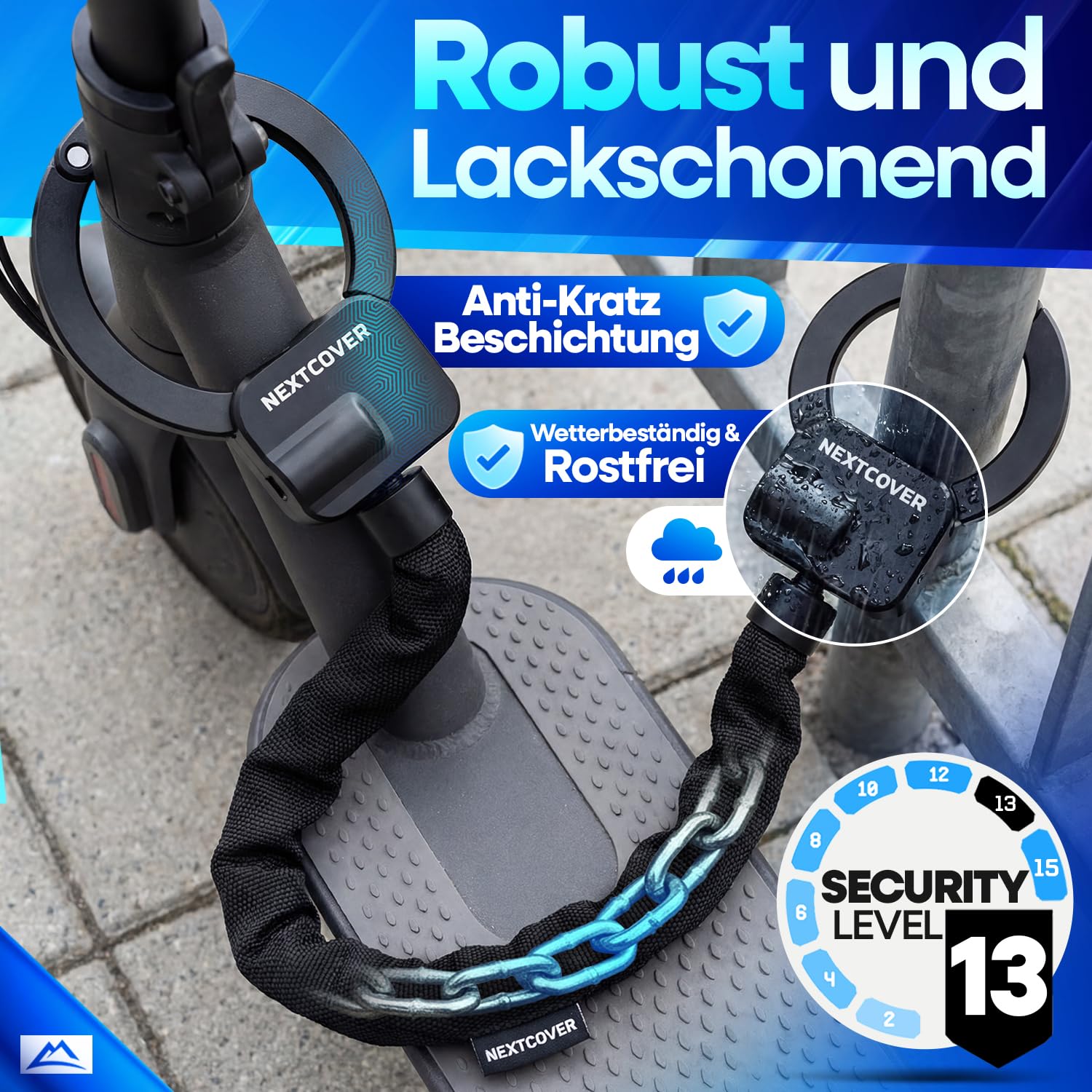 NEXTCOVER® Candado para patinete eléctrico con funda [tecnología Steel-Secure] | cierre de esposas incluye bolsa de transporte para scooter, eBike | Candado robusto, candado de cadena | accesorios