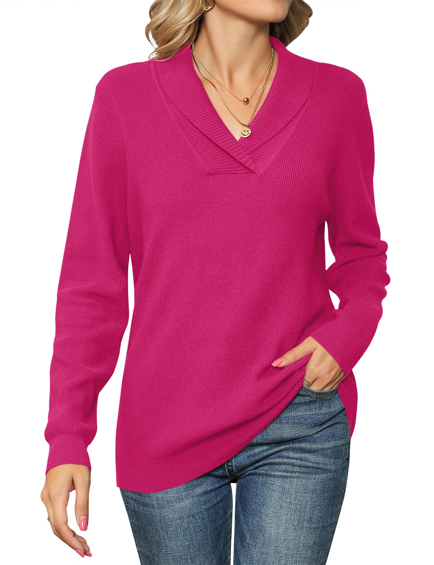 Ivicoer Women Long Sleeve V Neck Pullover Collar Knitted Sweaters