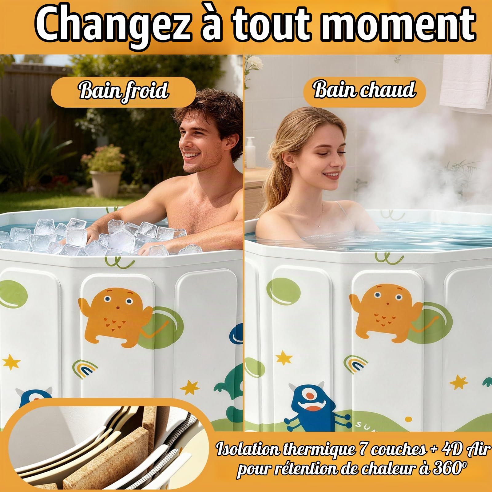 Baignoire pliable, avec sac de rangement et coussin d'eau gonflable, autoportante pour douche, bain chaud et bain de glace, évacuation de sol et latérale (40 x 55 x 55 cm pour enfants)