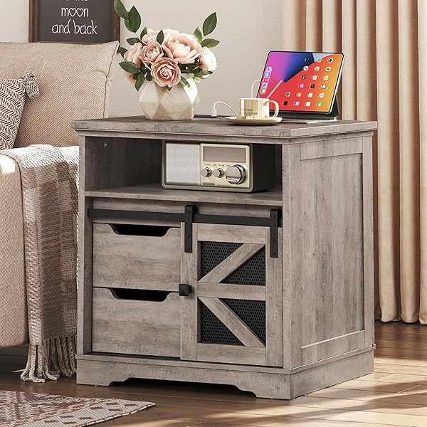 Farmhouse End Table with Charging Station, Sofa Side Table with 2 Drawers and Barn Door, Rustic Wooden Nightstand Bedside Table for Bedroom, Living Room, Greige