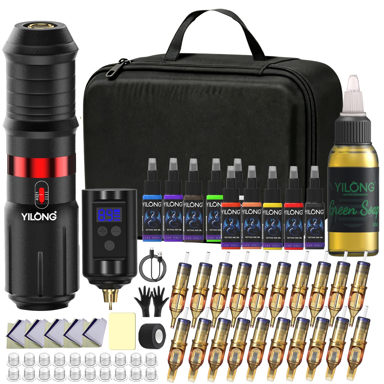 Tattoo Machine Kit Wireless - Tattoo Guns with 1500mAh Power Supply, Cartridge Needles and Ink Set, Beginner Tattoo Supplies for Temporary and Starter Kits