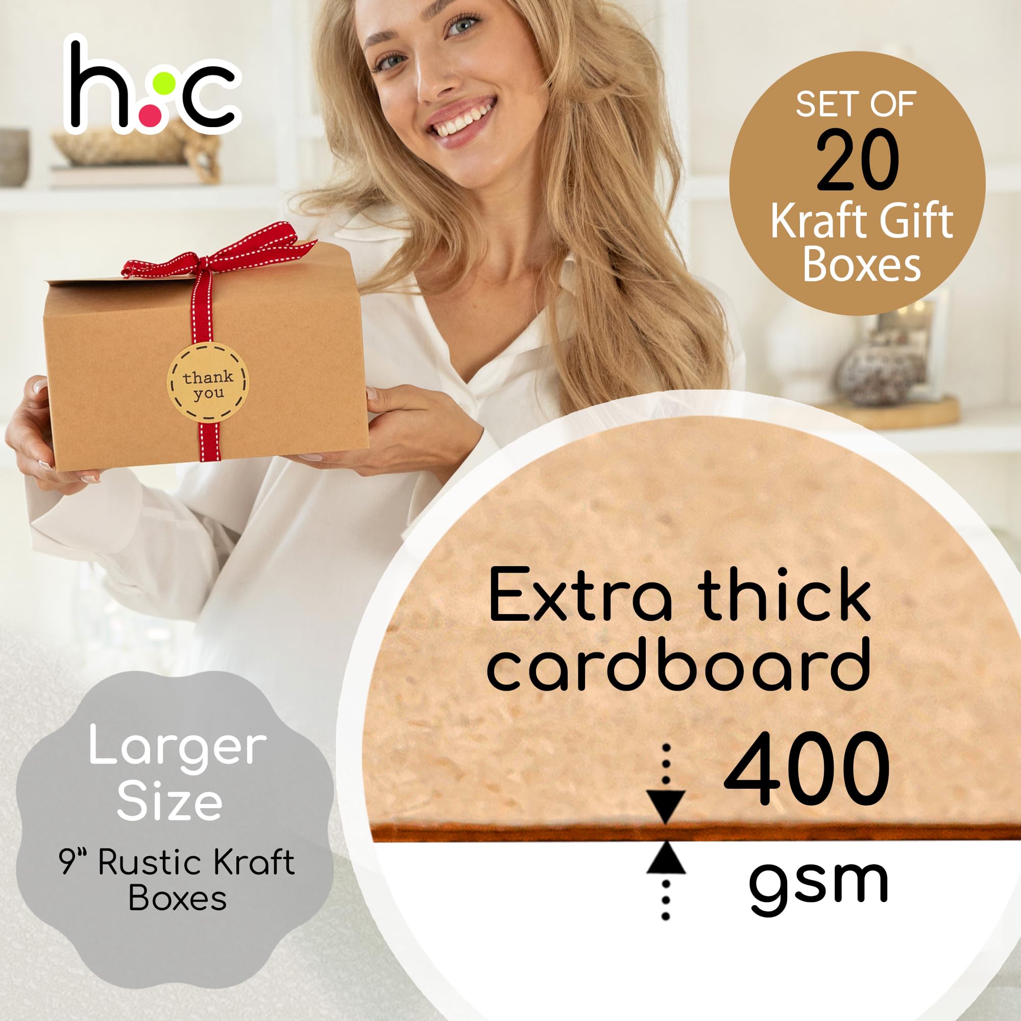 Cajas de galletas grandes de papel kraft marrón para regalar (paquete de 20) cajas de regalo de cartón de 9 x 5.5 pulgadas con cintas y calcomanía para productos horneados, pequeñas cajas de dulces