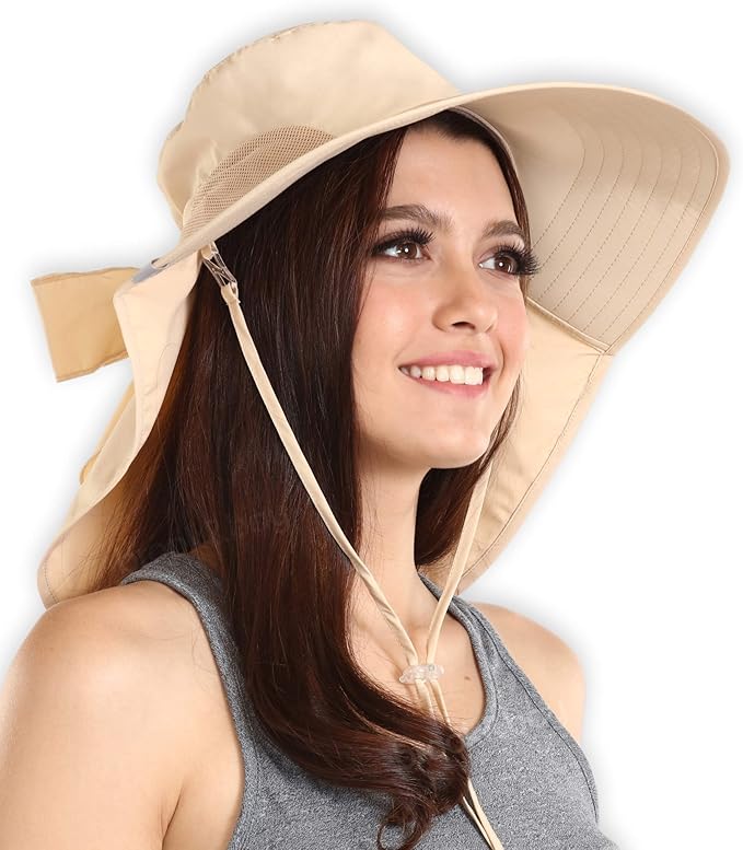 UV Protection Sun Hat with Ponytail Hole, Neck Flap & Chin Strap Packable & Stylish Wide Brim
